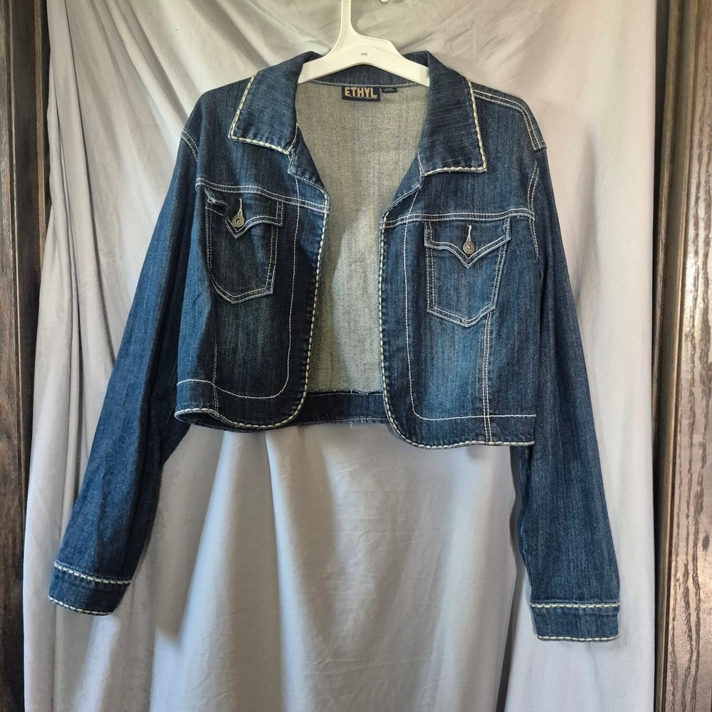 Ethyl Vintage Denim Cropped Jacket Womens XL Dark Wash Contrast Stitch Stretch